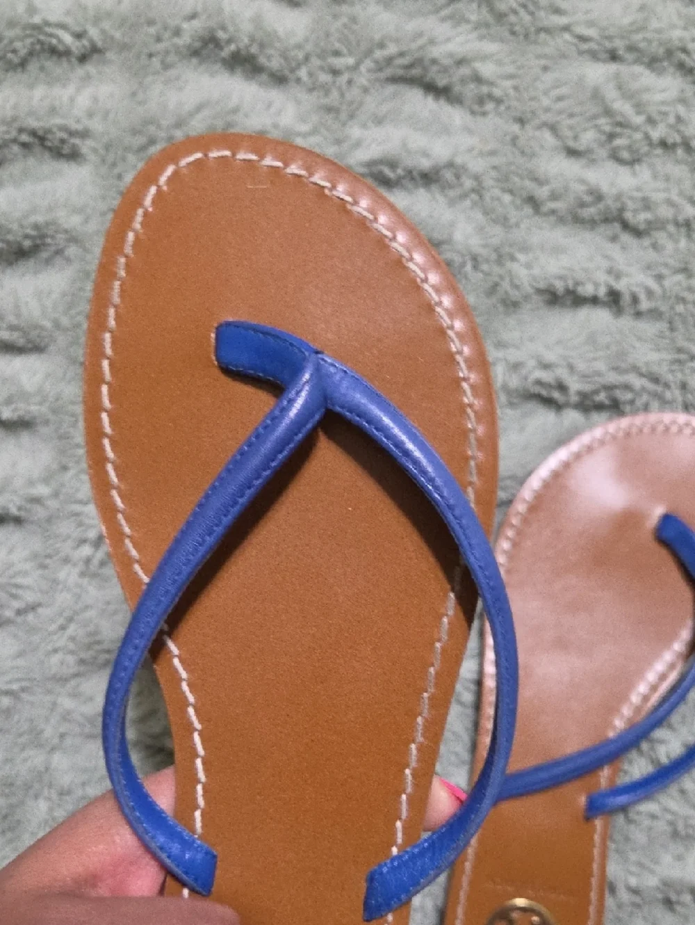 Tory Burch Blue Strap Tan Leather Flip Sandals - Picture 5 of 7